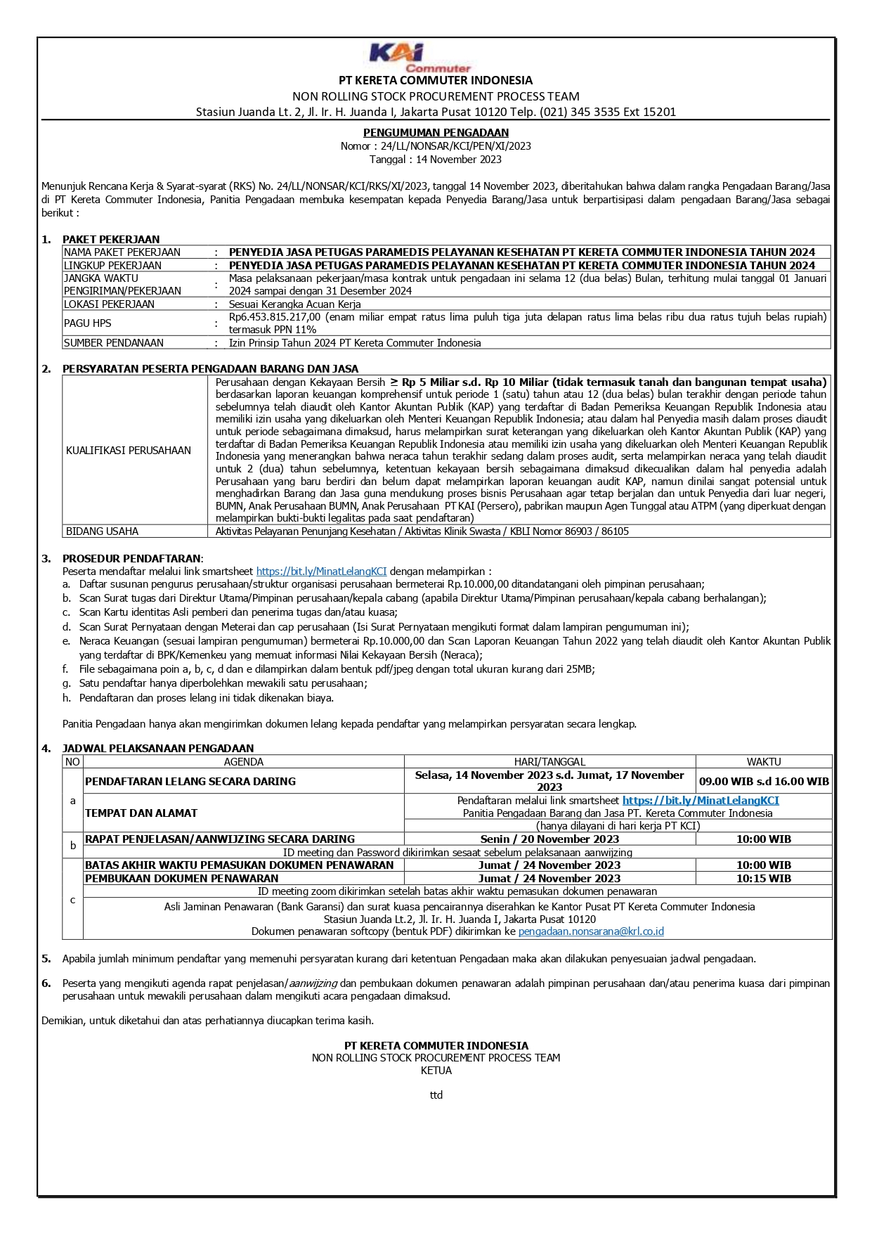 2 pengumuman 24 penyedia jasa petugas paramedis pelayanan kesehatan pt kereta commuter indonesia tahun 2024
